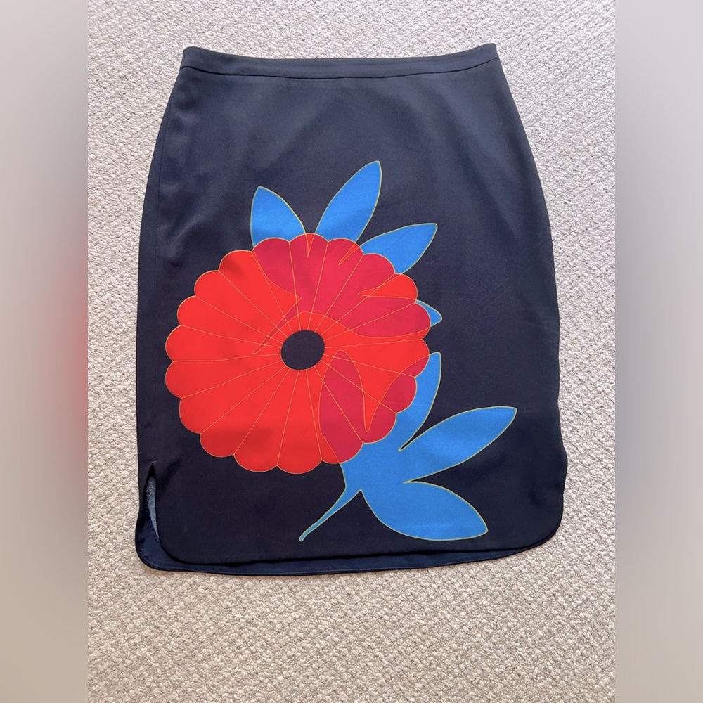 LOFT Black Pencil Skirt with Red Flower and Blue Leaves